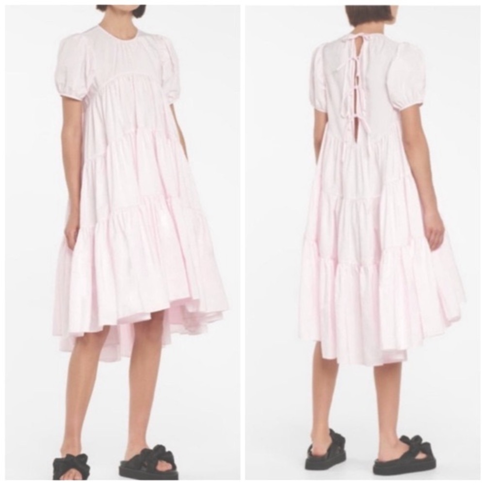Cecilie Bahnsen Pale Pink Tiered Puff-Sleeve Cotton Dress